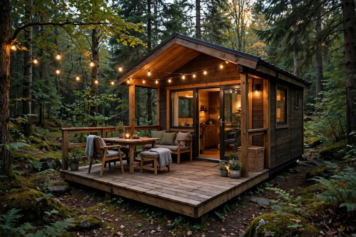 Wooden deck with outdoor seating attached to tiny cabin