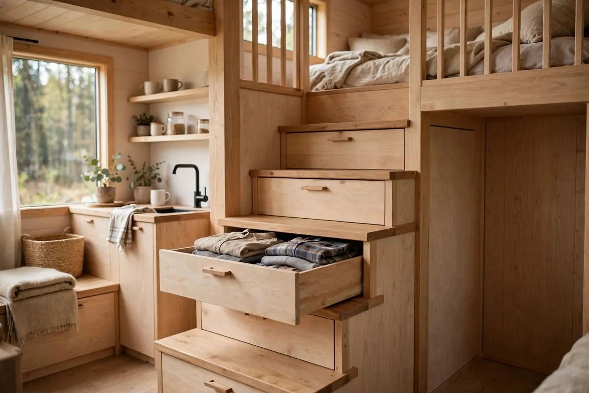 Tiny home stairs with pull-out storage drawers