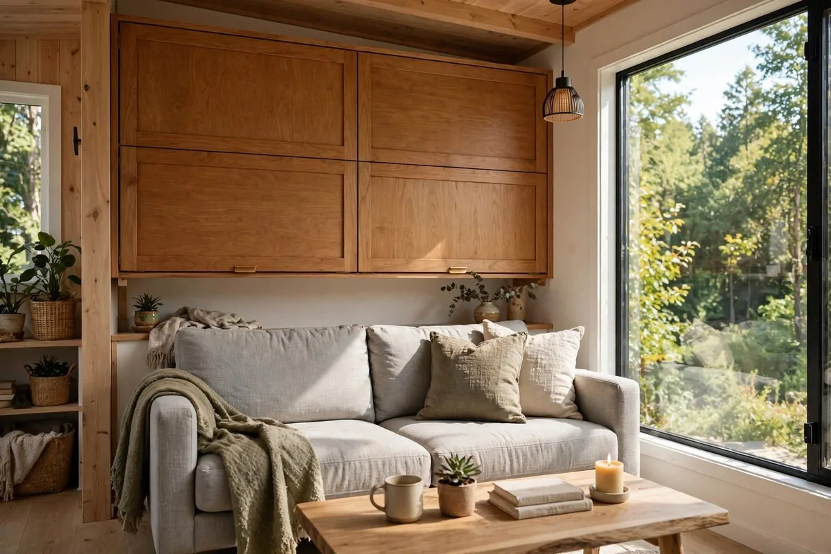 Tiny home living room with murphy bed folded into wall