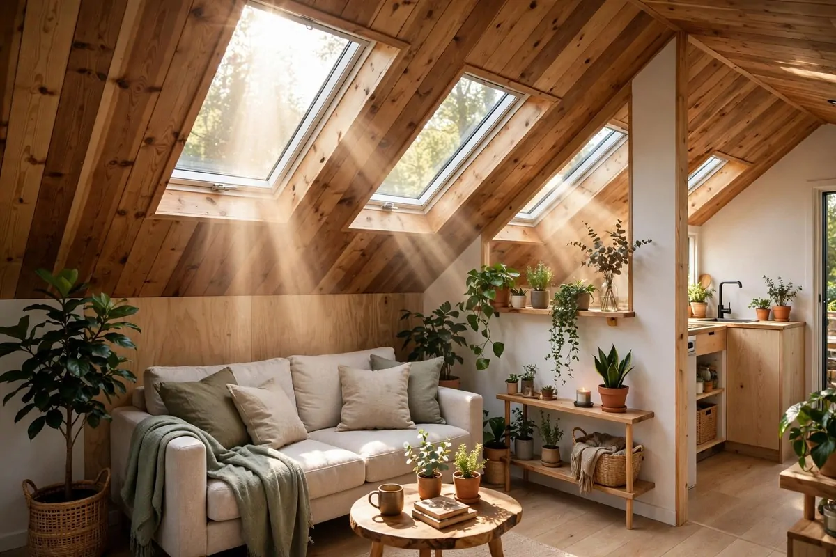 Tiny home interior with skylights in wooden ceiling