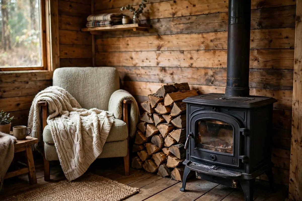 Small black wood stove in tiny cabin corner