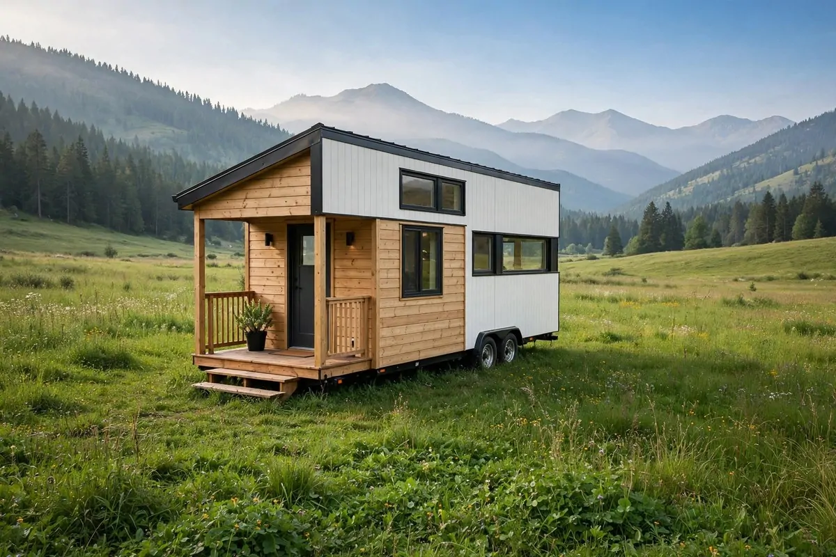 Tiny house on wheels in a green meadow