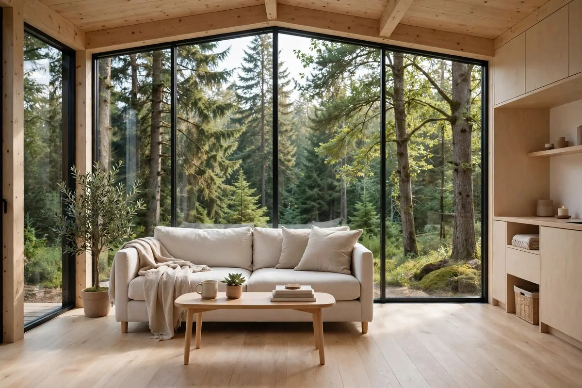 Tiny home living room with floor to ceiling glass wall