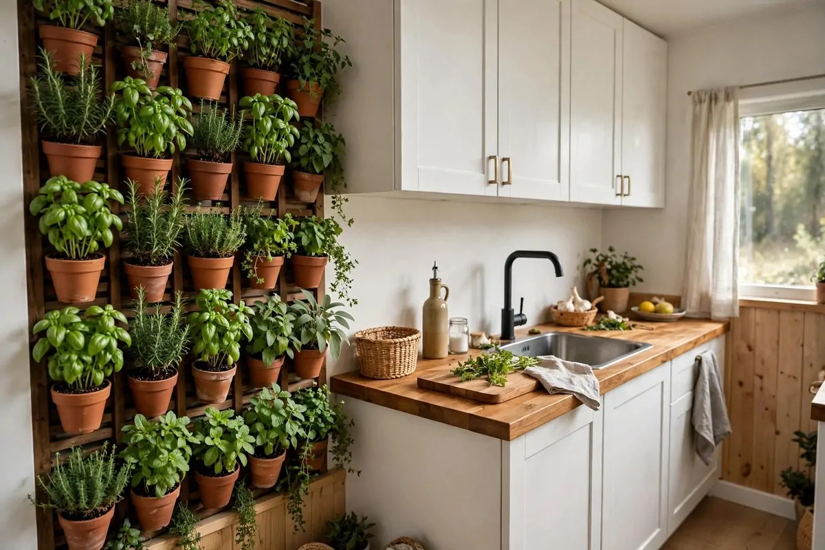 Tiny kitchen with vertical herb garden wall
