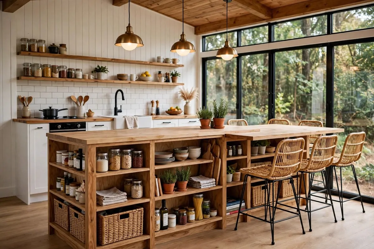 Tiny home kitchen island used as dining table with storage