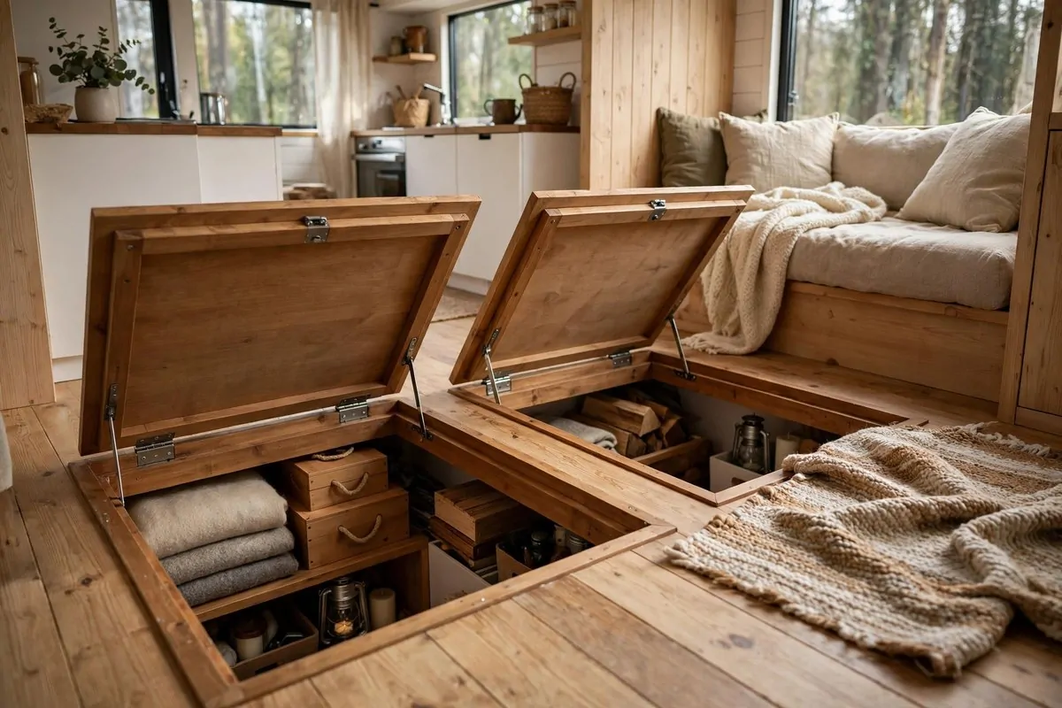 Tiny home wooden floor with hidden storage compartments