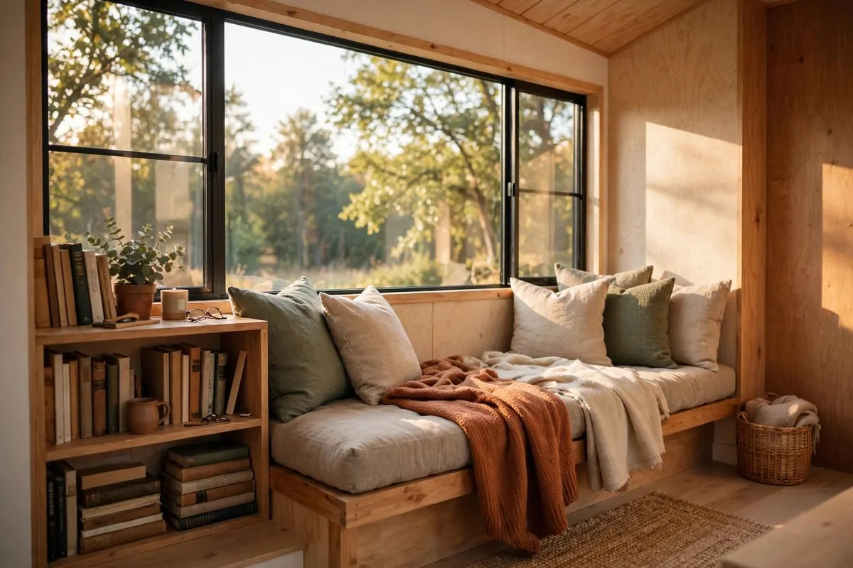 Cozy reading nook under window in tiny home