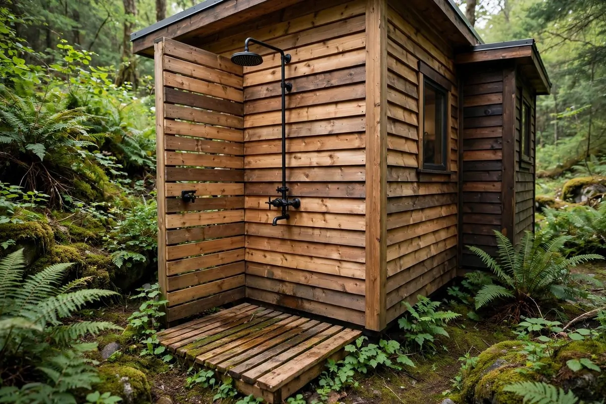 Outdoor shower attached to tiny cabin wall