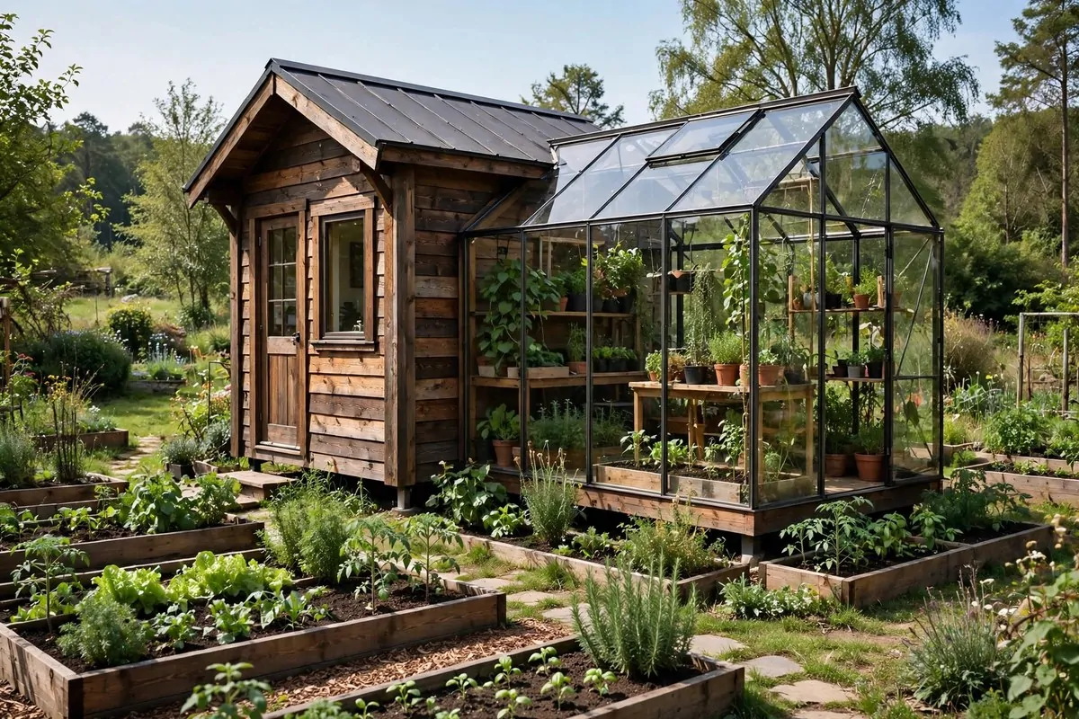 Small glass greenhouse attached to tiny home