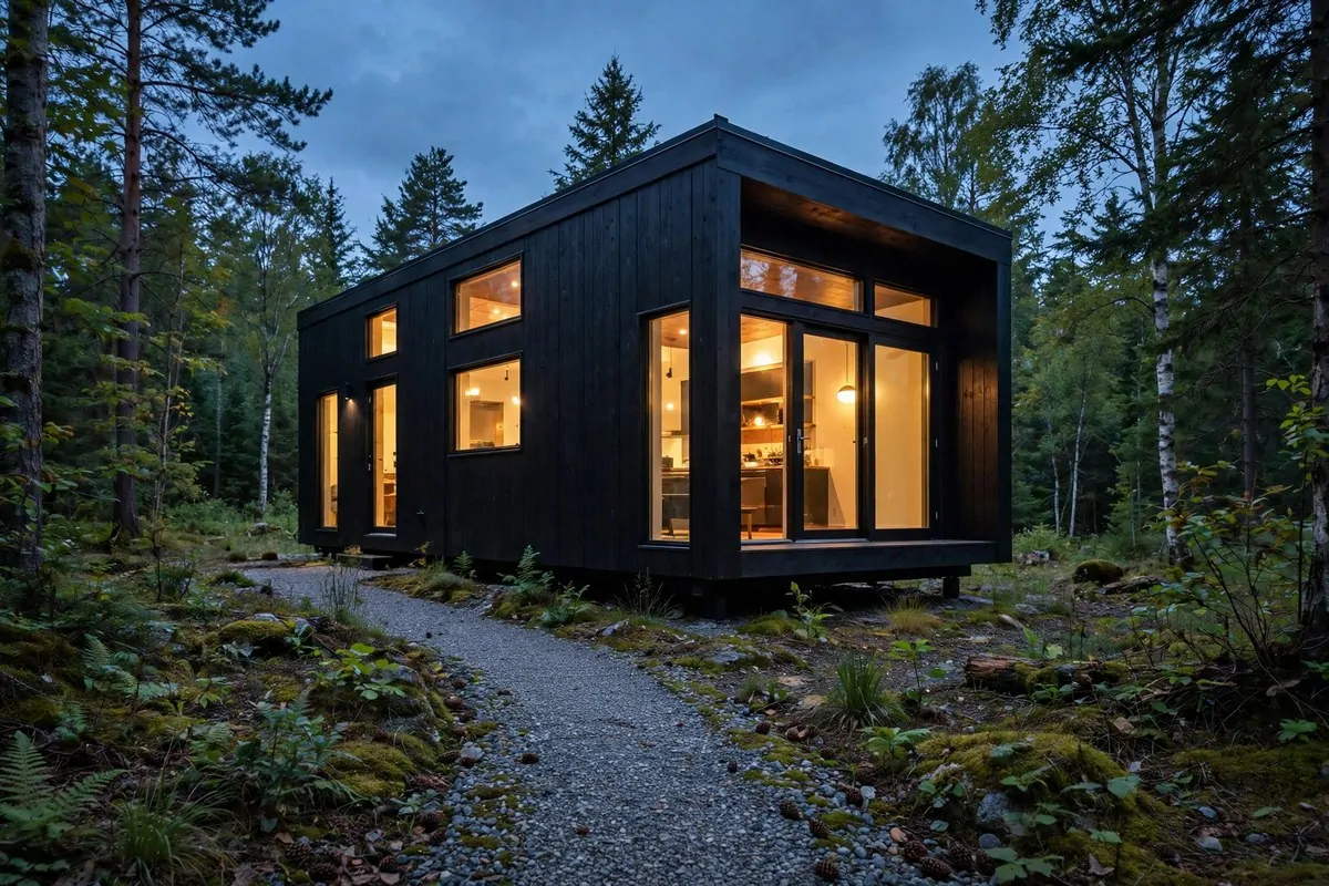 Black tiny house exterior at dusk with glowing windows
