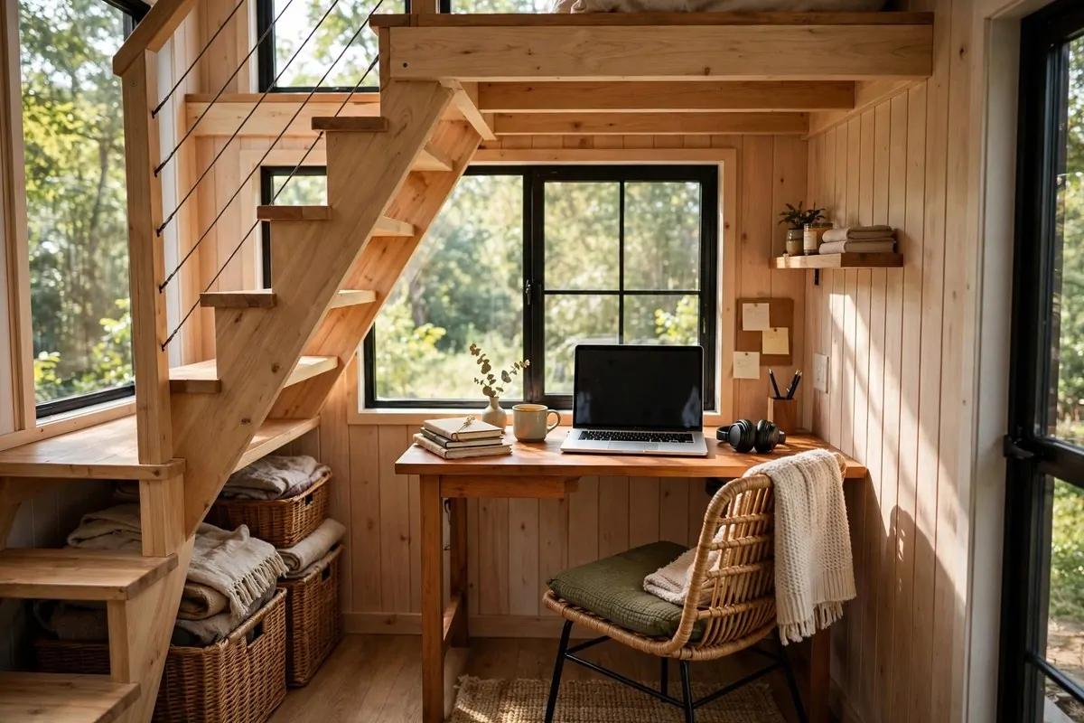 Tiny office corner with desk under loft stairs