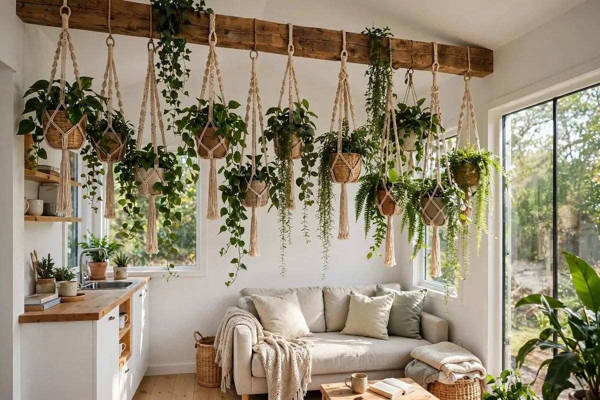 Tiny home interior with hanging plants from ceiling beam