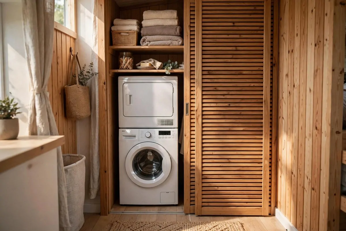 Stacked washer and dryer in tiny home closet