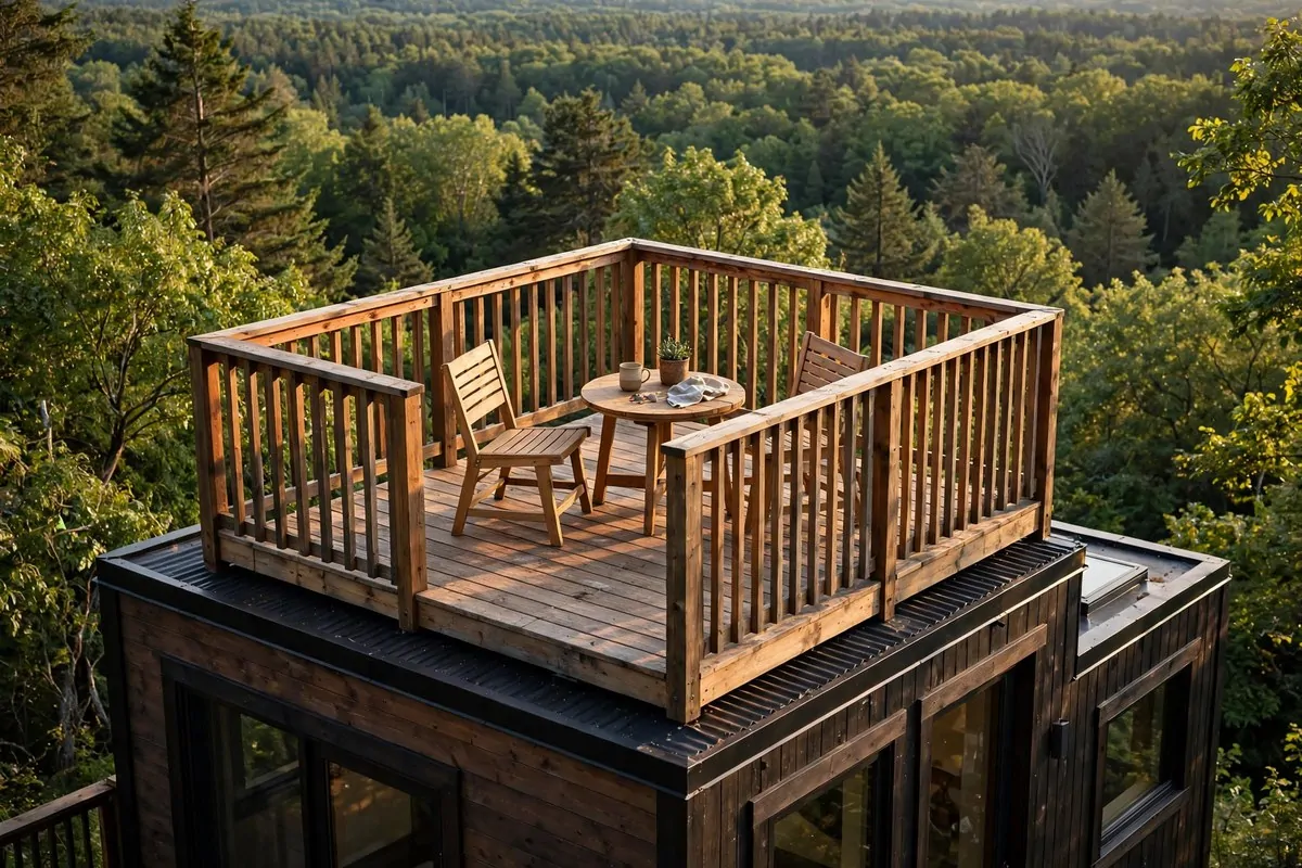 Rooftop deck on tiny cabin with chairs
