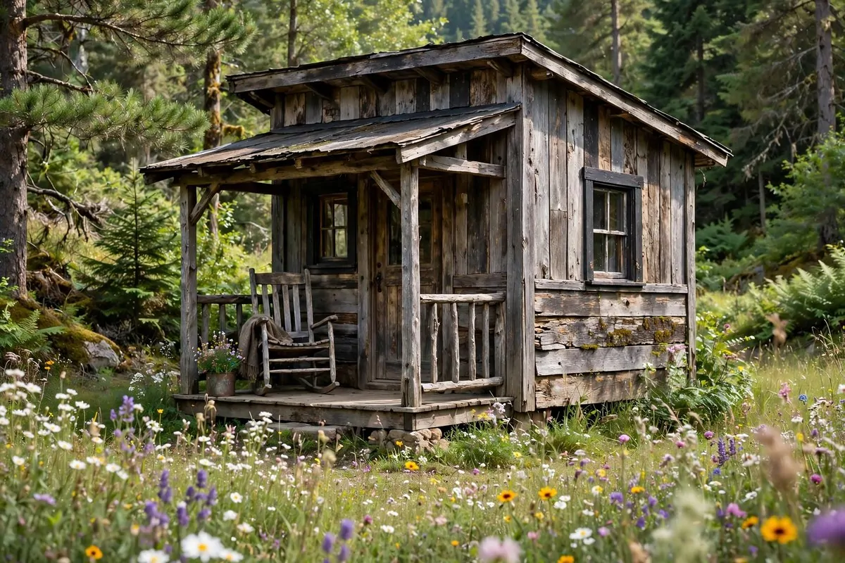 Rustic tiny cabin exterior made of reclaimed weathered wood