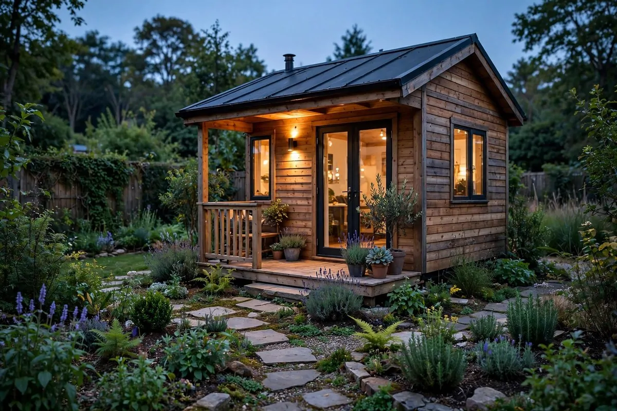 Backyard guest studio cabin in the evening with porch light