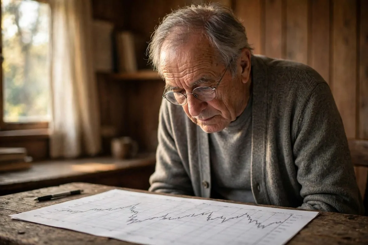 7 Simple Ways to Read the Stock Market Like a Book, the Warren Buffett Way 1 Photorealistic photo of a calm man studying market charts on paper at a wooden desk, illustrating read the stock market like a book