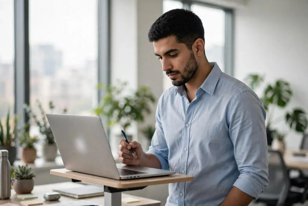 Ultra photorealistic real photograph, natural daylight, candid and believable, no text anywhere in the image, no women or girls. A confident young man in his early thirties with short dark hair and a neat beard, wearing a smart light blue shirt, stands at a standing desk with an open laptop in a bright modern office, holding a pen and looking thoughtfully at his work, large windows with soft daylight, blurred office plants behind him, premium editorial quality, bold clear subject, Google Discover friendly.