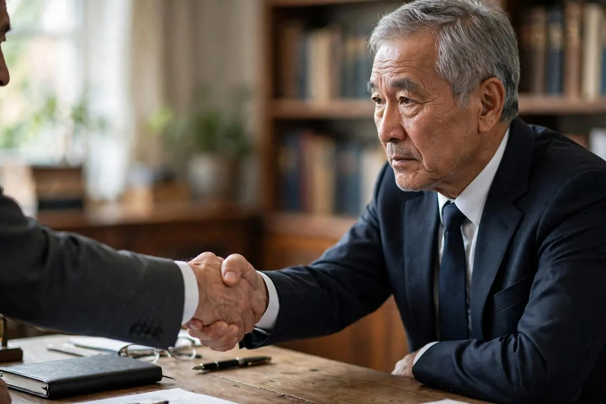 5 Types of People to Think Twice About Trusting (Warren Buffett) 1 Photorealistic photo of an older businessman in a suit shaking hands across a desk in a warm office, about warren buffett trust people wisdom