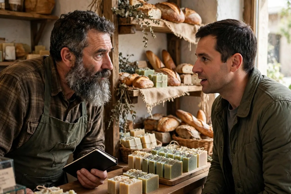A bearded shop owner listens to a customer at a small soap stall while holding a notebook, to understand your customers.