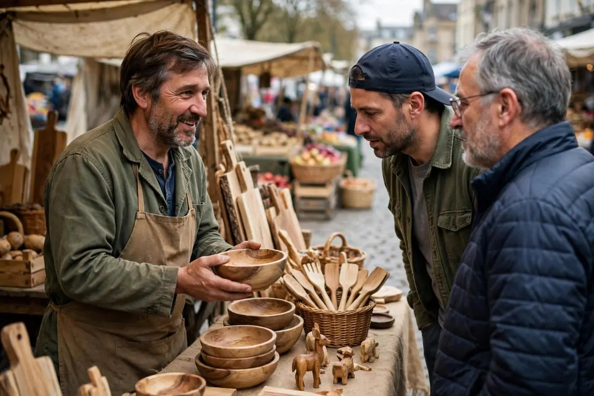 A craftsman talking with shoppers at a street market stall as he works to validate your business idea