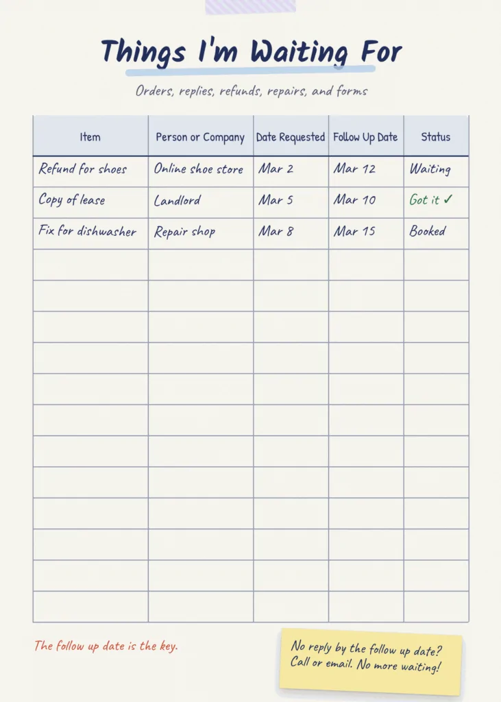 14 Life Notebook Sections Everyone Should Have 3 Printable Things I'm Waiting For tracker template with columns for item, person or company, date requested, follow up date and status, with three sample rows