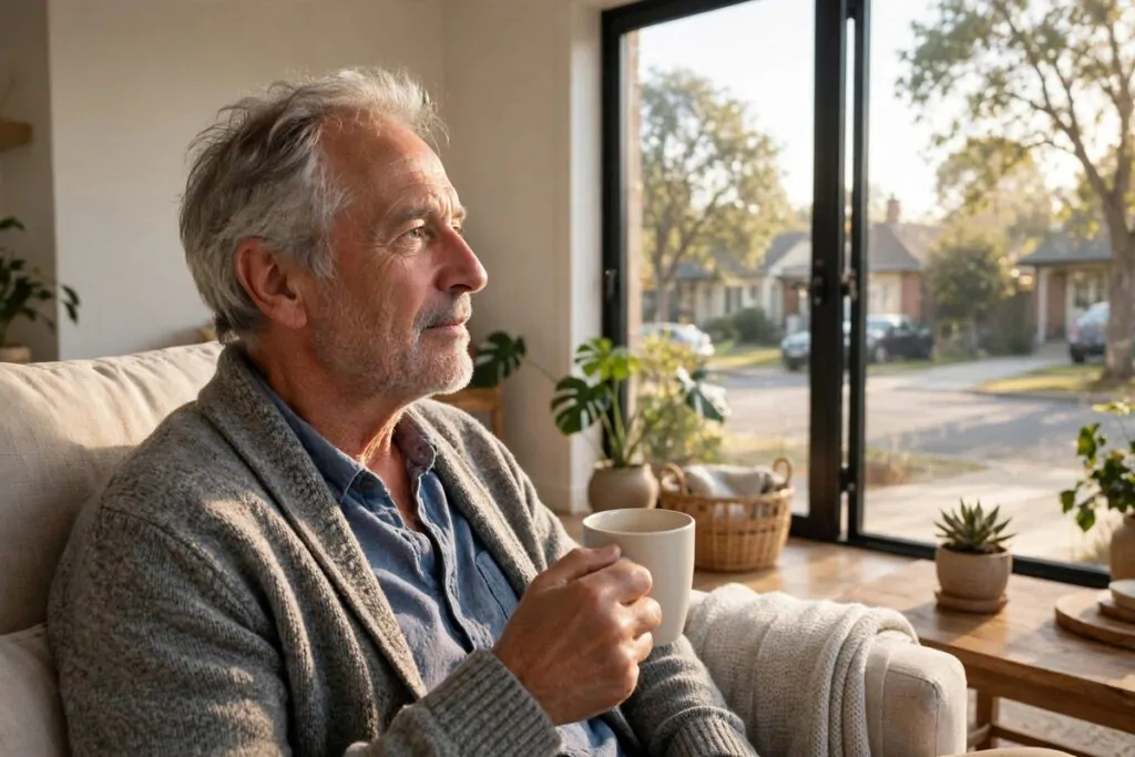Ultra photorealistic real photograph, natural light, candid, no text, of an older man with grey hair and a calm expression sitting in a bright living room beside a large window, looking out thoughtfully at a quiet street, holding a plain cup, warm morning light, believable editorial photo, bold clear subject, Google Discover friendly