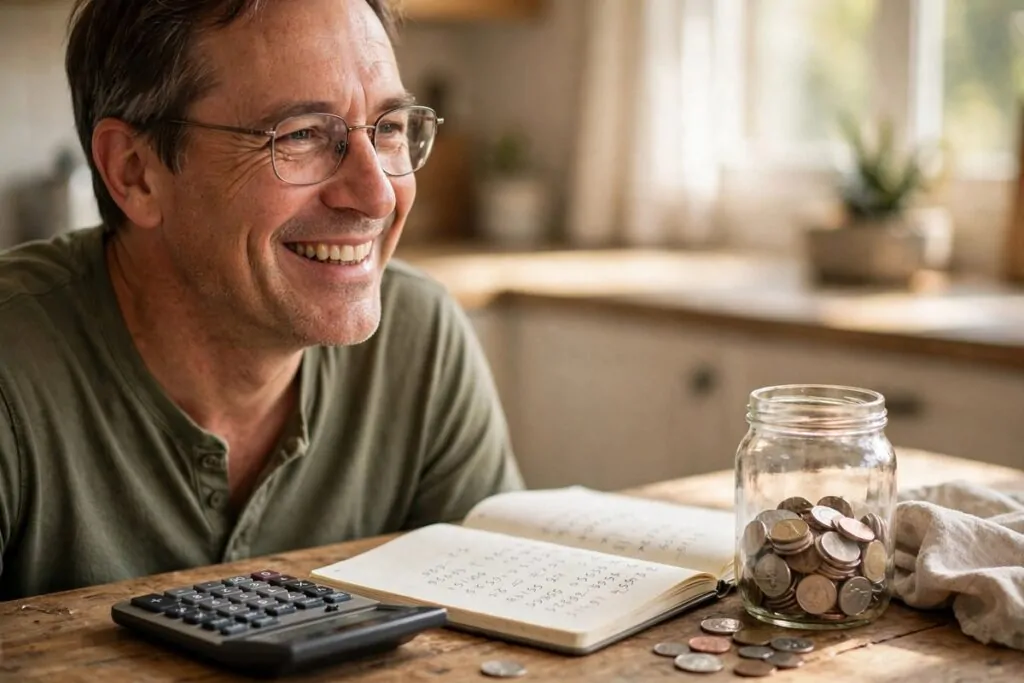 Photorealistic photo of a person checking savings math in a notebook at a desk, illustrating wealth-building habits backed by math