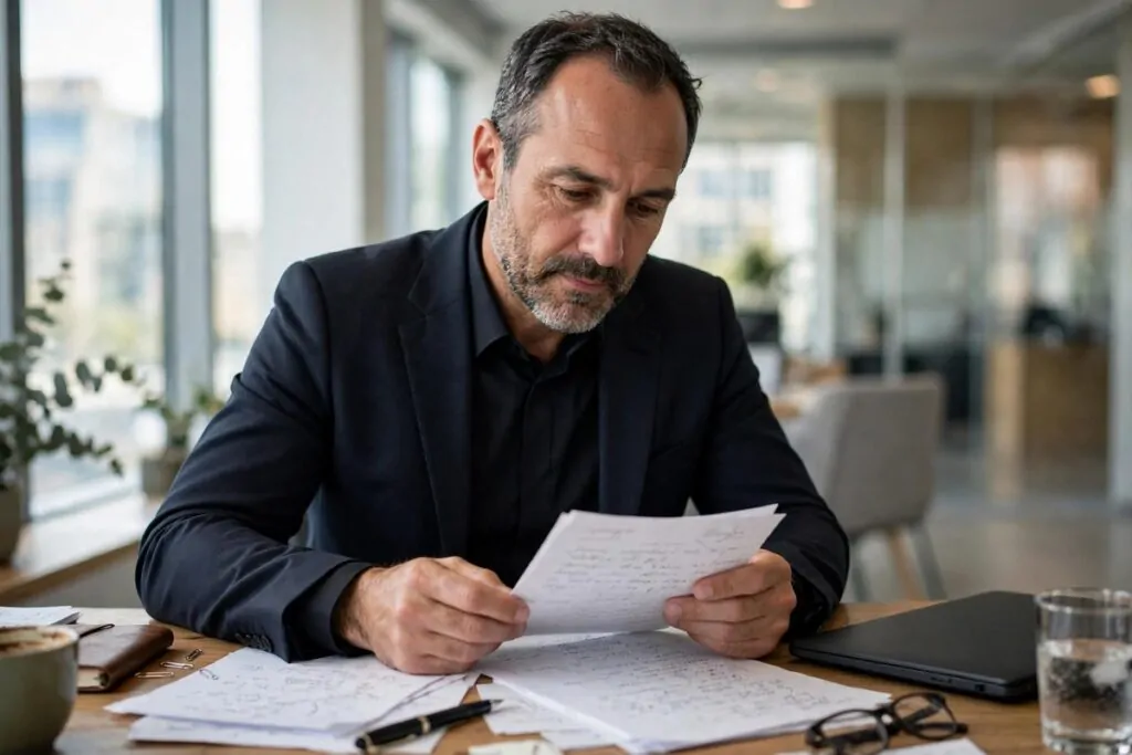 Photorealistic photo of a calm middle-aged businessman in a dark suit sitting at a bright office desk reviewing handwritten notes after a setback, steady thoughtful expression, natural window light, candid real photography, no text in image