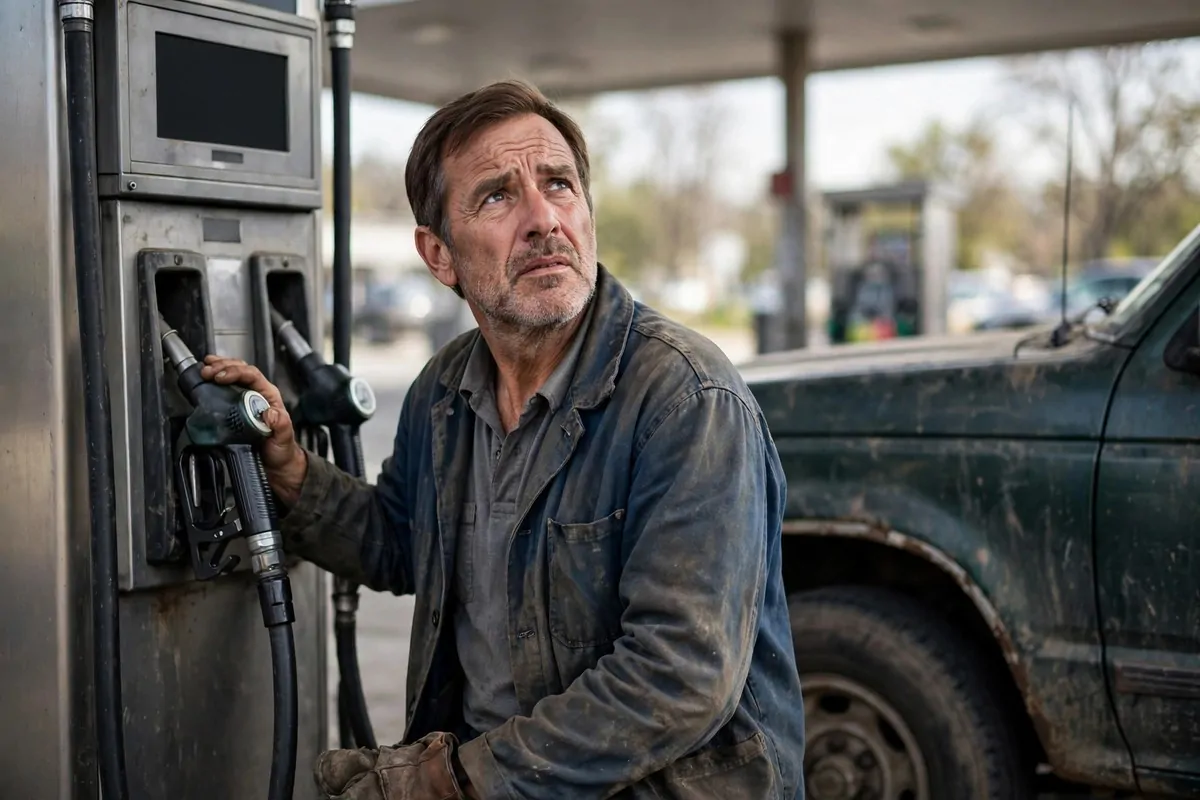 5 Things the Working Class Can't Afford When Gas Prices Stay High (And What Helps Instead) 1 Photorealistic photo of a middle-aged man in worn work clothes standing beside an older pickup truck at a fuel pump, looking at the price display with a worried thoughtful face, natural daylight, candid real photography, no text in image